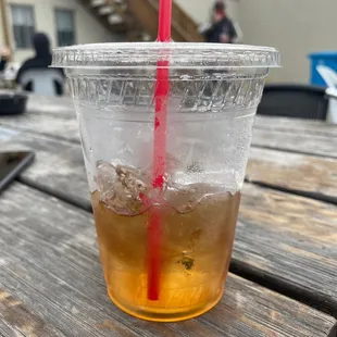 a drink in a plastic cup with a straw