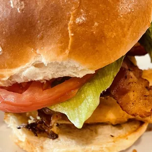 Tommy Boy Sandwich- which is a flounder filet, topped with a crab cake, we added lettuce tomato and bacon.