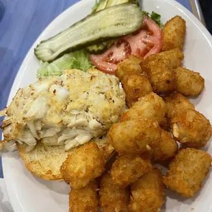 Crab cake Sandwich and Tots.