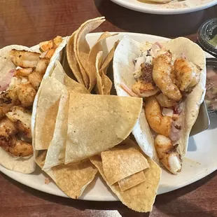 Cajun Grilled Shrimp Tacos, Chips, Salsa , Guacamole