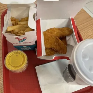 3 piece chicken tender, fries and drink. + spicy sauce (not pictured but love love love the sauce!
