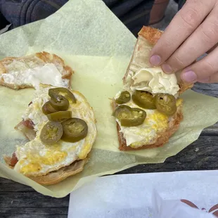 Jalapeño, bacon, egg, and cheese croissant sandwich