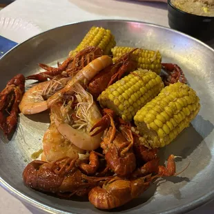 1/2 lb. Shrimp Head On, 1/2 lb. Crawfish, double corn