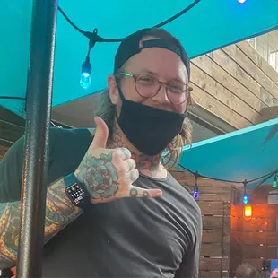 Justin in between mopping up from the rain