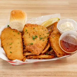 a basket of fish and chips