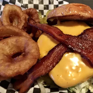 1/2 pound bacon cheeseburger and rings