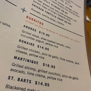 Burritos menu