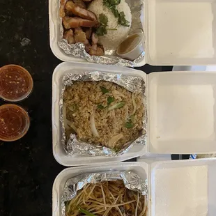 Crispy pork belly, chicken fried rice, beef pat Thai