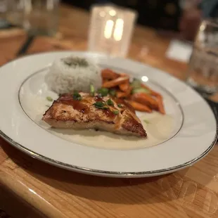Salmon with a miso glaze and a side of jasmine rice and veggies