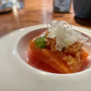 Herb Confit Black Mouth Salmon with Rosé, Rhubarb, Baby Fennel and Basil