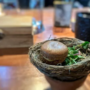 Roasted Porcini Macaron with Egg Yolk Jam and Pickled Shallot