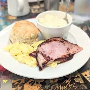 Eggs with ham, biscuit &amp; grits