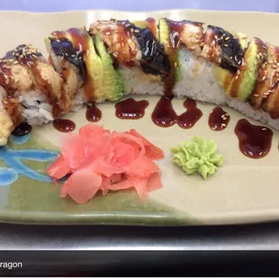 Mighty Dragon Roll!!! (Shrimp tempura and Spicy Tuna topped with Unagi &amp; avocado)
