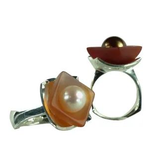 Be Unique....Stand Out... Peach and Orange Agate Bowl cut by Dieter Lorenz accented with Oval Pearl(s) Set in Sterling Silve...