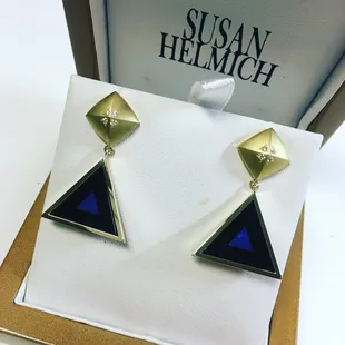 18Kt. Earrings feature Lapis Onyx Inlay Triangles and accent diamonds