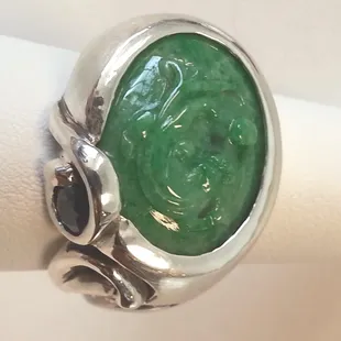 Jade carving set in Sterling Silver ring, by Susan Helmich.