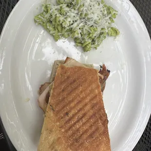 Turkey panini with pesto pasta on the side