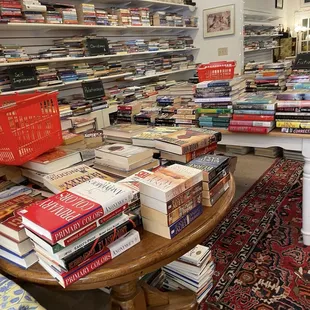 Books on tables, shelves, and under tables