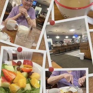 Mom, coffee, beautiful bowl of fruit, 1/2 Chicken fried steak with eggs and hash browns