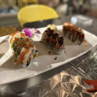 3 types of sushi roll, Mate, Georgetown Roll, and Hinode