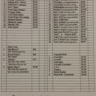 Sushi menu
