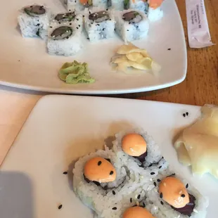 The Canadian roll up top and the spicy tuna roll on the bottom.