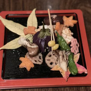 Autumn Drift: Indian eggplant, pinecone squid, vegetables