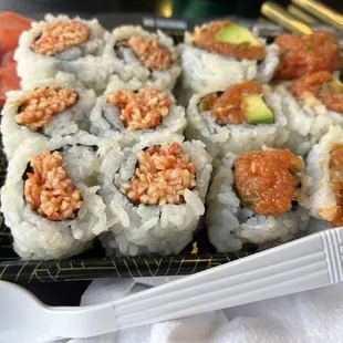 Spicy Crab Roll &amp; Spicy Tuna Roll. Not a very good first impression with the sushi rolls appearance....
