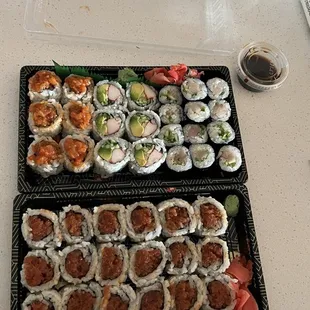 spicy tuna, spicy salmon, california roll, yellowtail salmon roll