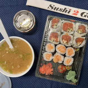Miso Soup, Spicy Tuna Roll with Cucumber, plain Salmon Roll