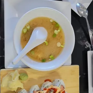 Miso soup and spicy salmon roll