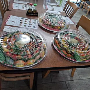 sushi plates on a table