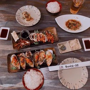 Calamari Yaki, Green Mussels, Poke Salad, and White Rice