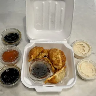 A3. Gyoza - Fried means really fried. Shown with other sauces.
