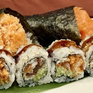Salmon Skin and Cucumber Roll, Spicy Salmon Hand Roll, and Salmon Hand Roll