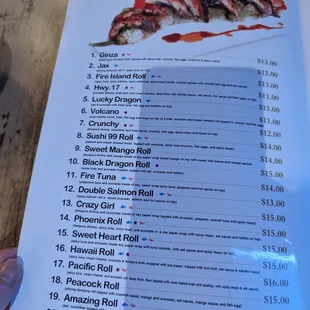 Speciality rolls menu