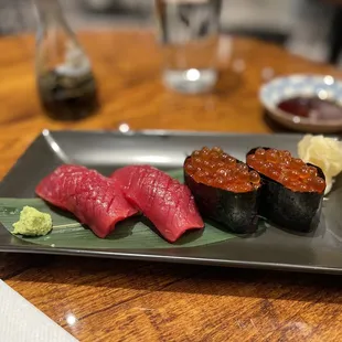 2 piece bluefin tuna Akami nigiri  2 2 piece Ikura Nigiri