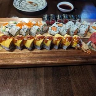 CA Roll, tuna roll, spicy tuna and spicy salmon roll, mango roll and rainbow roll