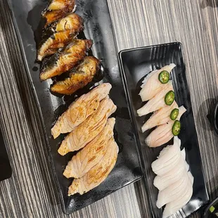 Unagi, seared salmon, yuzu yellowtail, super white tuna