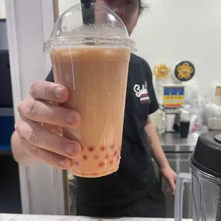 Strawberry Pineapple boba tea with strawberry popping  pearls