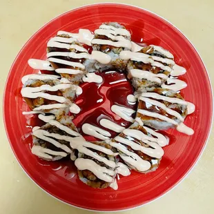 Pink lady
 Inside: salmon, crunch, mayo, layu 
 Outside: eel sauce, spicy mayo