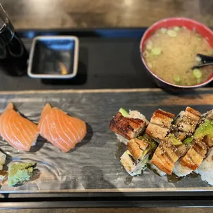 Salmon Nigiri, Dragon Roll and miso soup