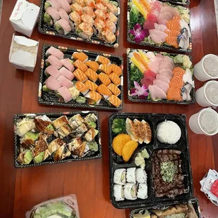 Hamachi Kama, Chirashi, Beef (Rib Eye) Bento, Double Salmon Roll, Double Hamachi Roll, Caterpillar Roll, House Salad, Miso Soup