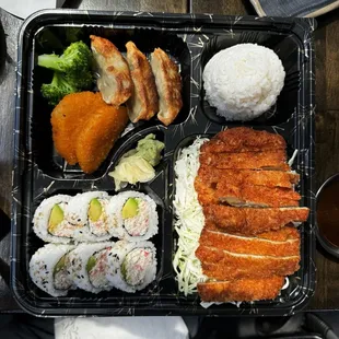 Chicken katsu and dragon roll sushi and more.