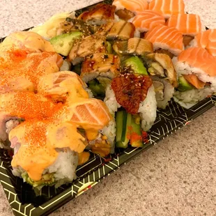 Takeout order: Double Salmon Roll, Dragon Roll &amp; Golden Gate Roll