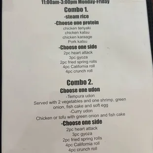 Lunch specials options - MONDAY TO FRIDAY ONLY