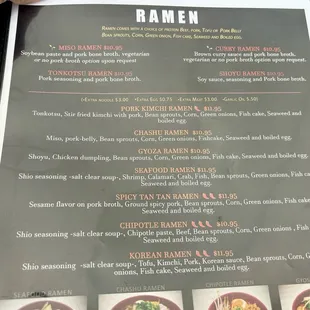 Ramen menu (2 udon options on bottom are not pictured)