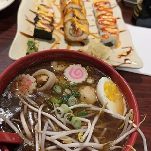 Seafood Ramen, Bonita roll, Spicy California roll