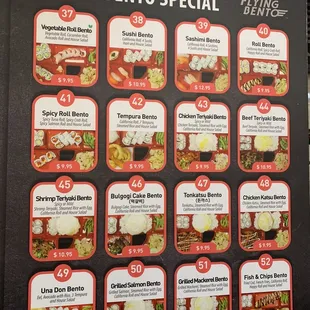 a menu for bento special