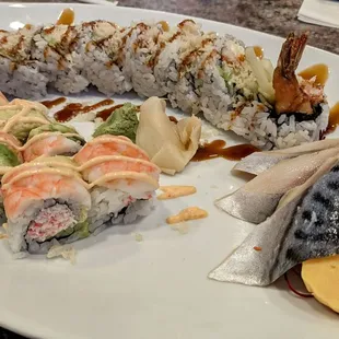 Number One (back) - shrimp tempura, too much cream cheese, and avocado. 007 (front) - crab salad with cooked shrimp on top.